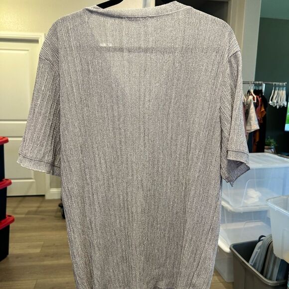NWOT ZARA Women’s Silver/Light Gray Deep V-Neck  Ribbed  Oversized Blouse Top- S - Picture 3 of 6